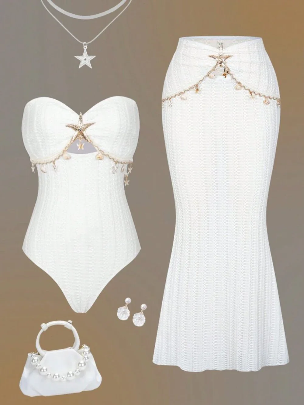 Casual White Women's Beach One-Piece swimSuit & matching coverup skirt